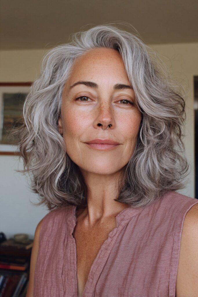 Modern layered shag haircut for women over 50, realistic style.