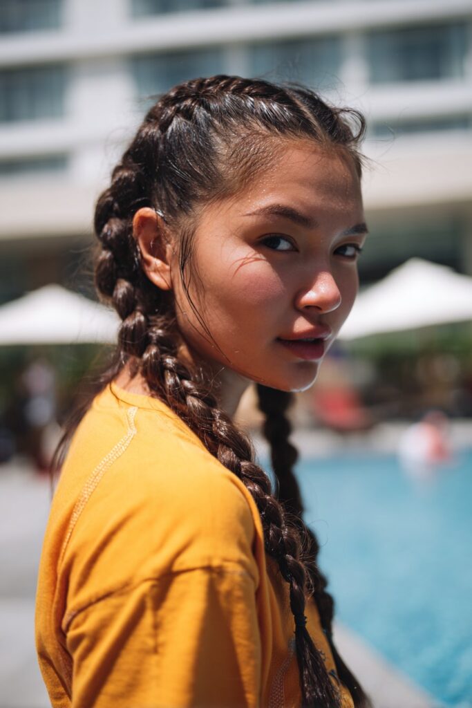 Pool party hairstyles linked ponytails