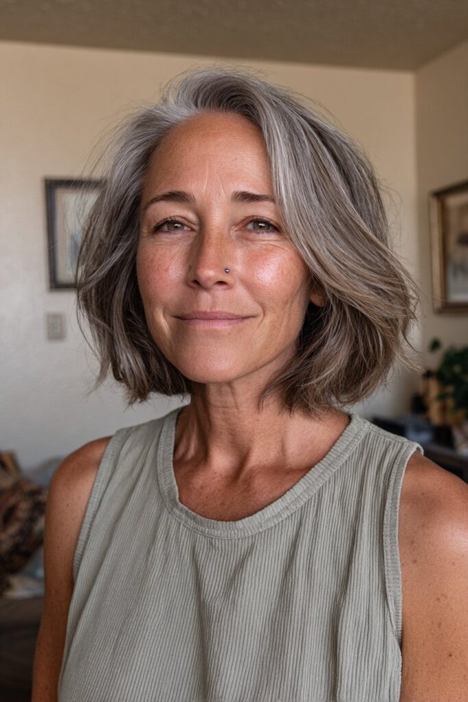 Woman over 50 with thin hair styling a modern long bob that adds movement and body.