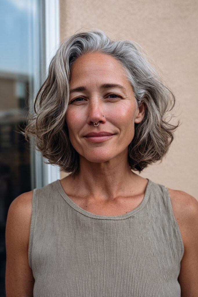 Elegant long bob hairstyle for women over 50, natural look.