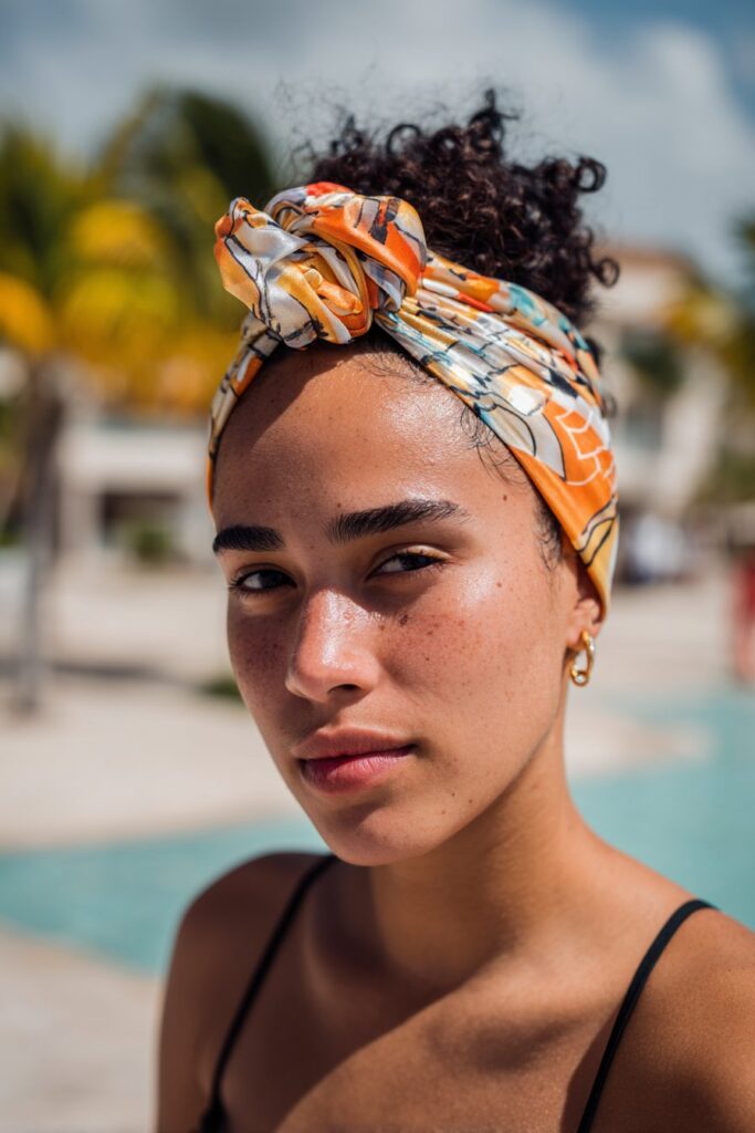Pool party hairstyles low bun scarf