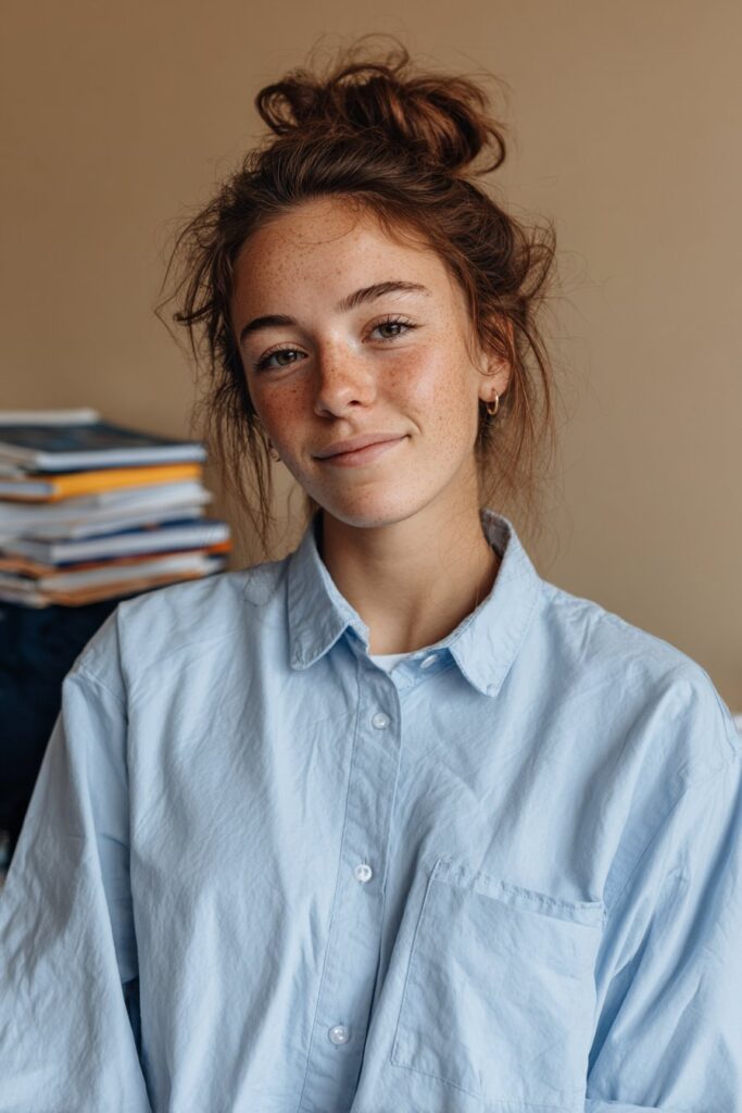 Messy bun for thick hair with soft volume and effortless everyday style