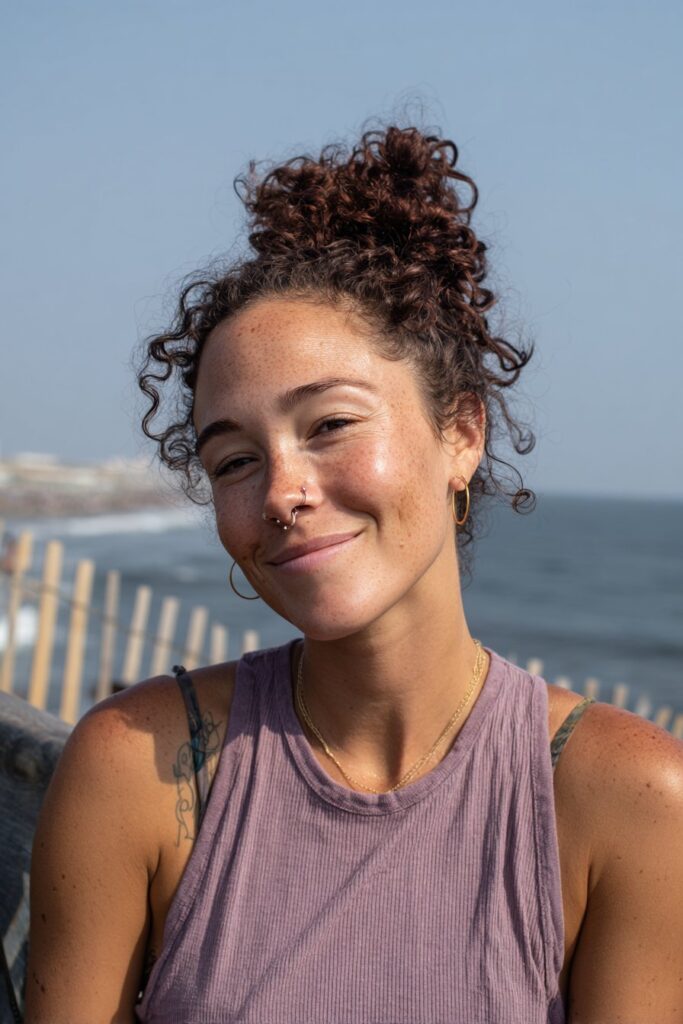 Beach hairstyles for curly hair messy bun