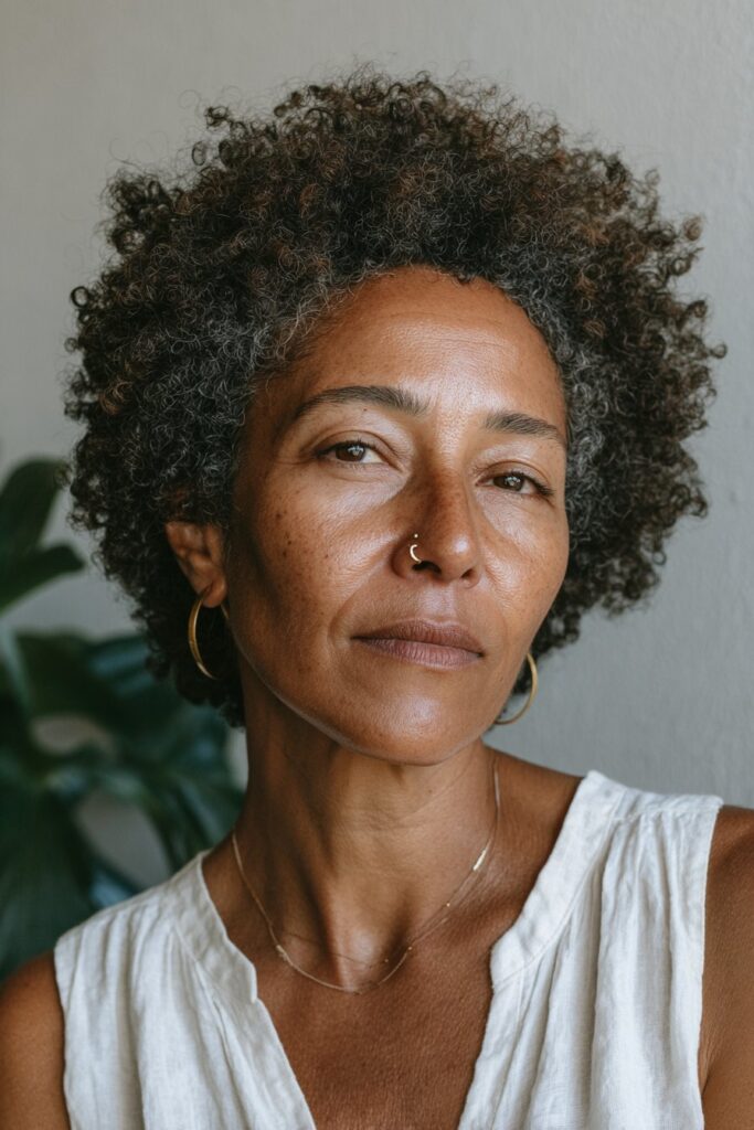 Natural afro hairstyle for Black women over 50 showcasing healthy textured hair