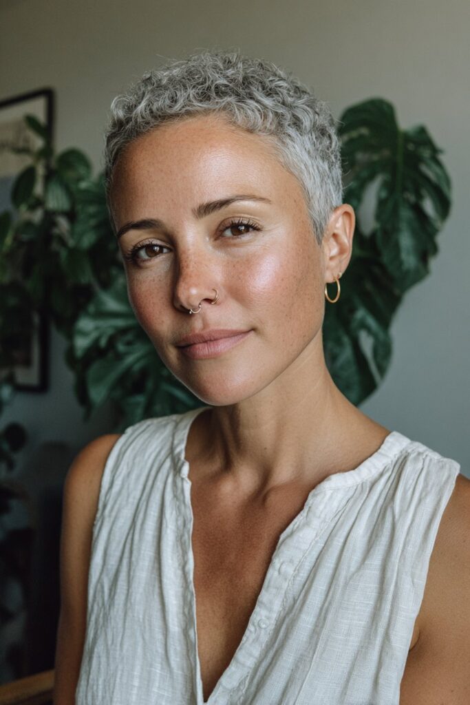 Modern pixie cut hairstyle for confident women over 50, realistic portrait.