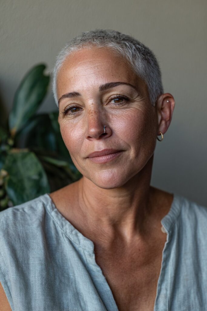 Woman over 50 with thin hair wearing a chic modern pixie cut for added volume.