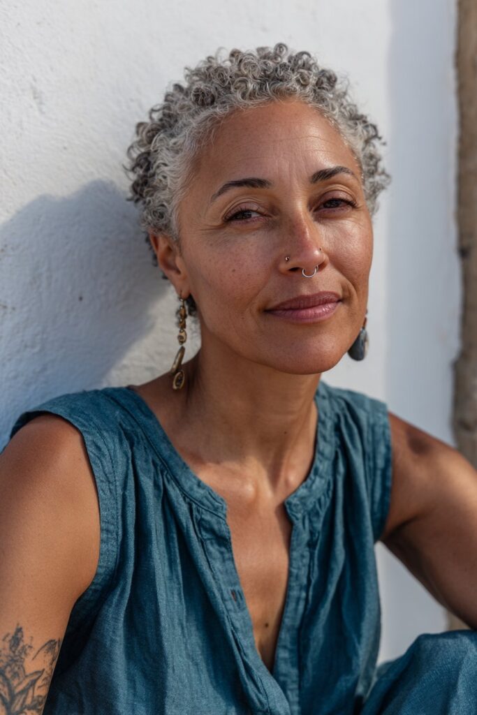 Older woman with Rezo curly haircut.