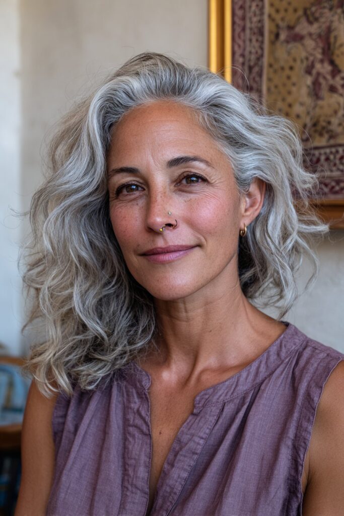 Woman over 50 with thin hair rocking a modern shag haircut with wispy layers.