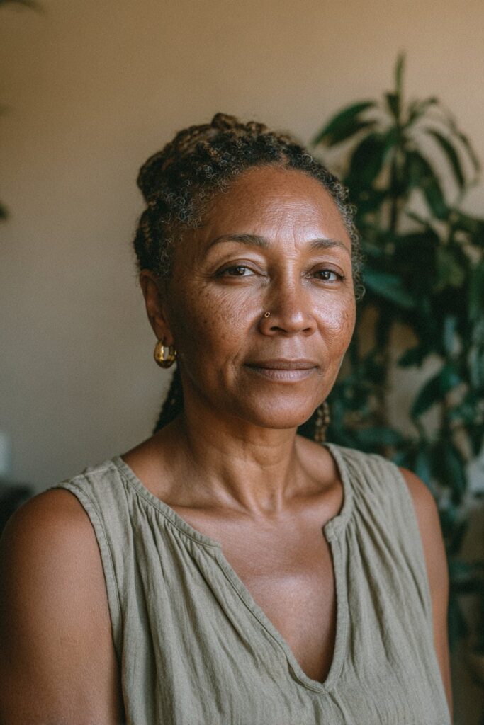 Short box braids hairstyle for Black women over 50 with a neat protective style