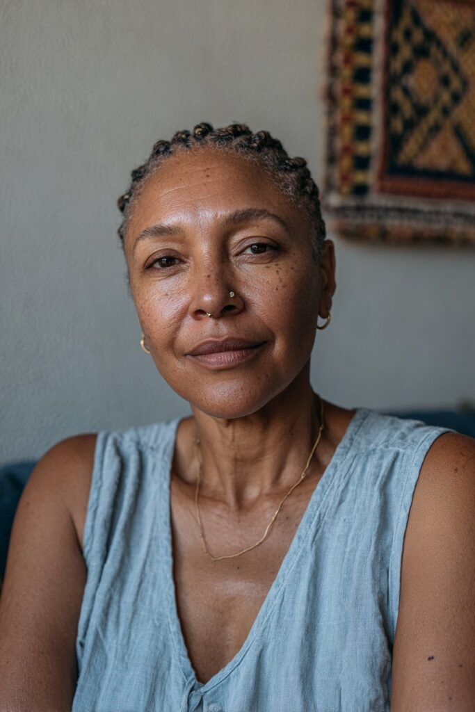 Short cornrows hairstyle for Black women over 50 with a clean and timeless look