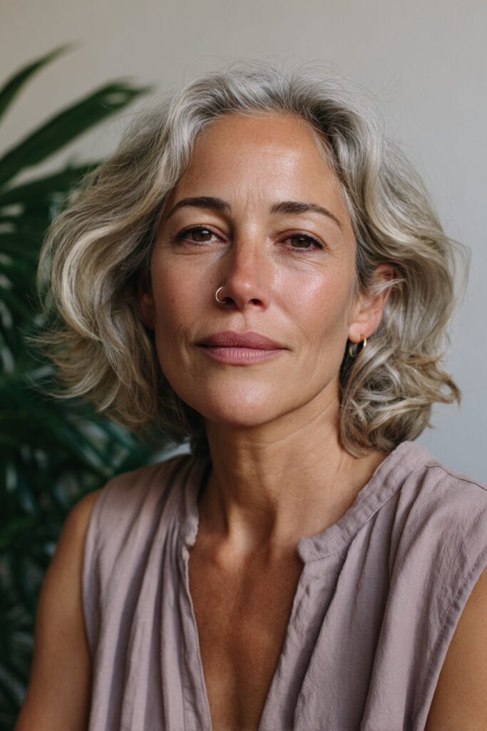 Soft shoulder-length waves for women over 50, realistic portrait style.