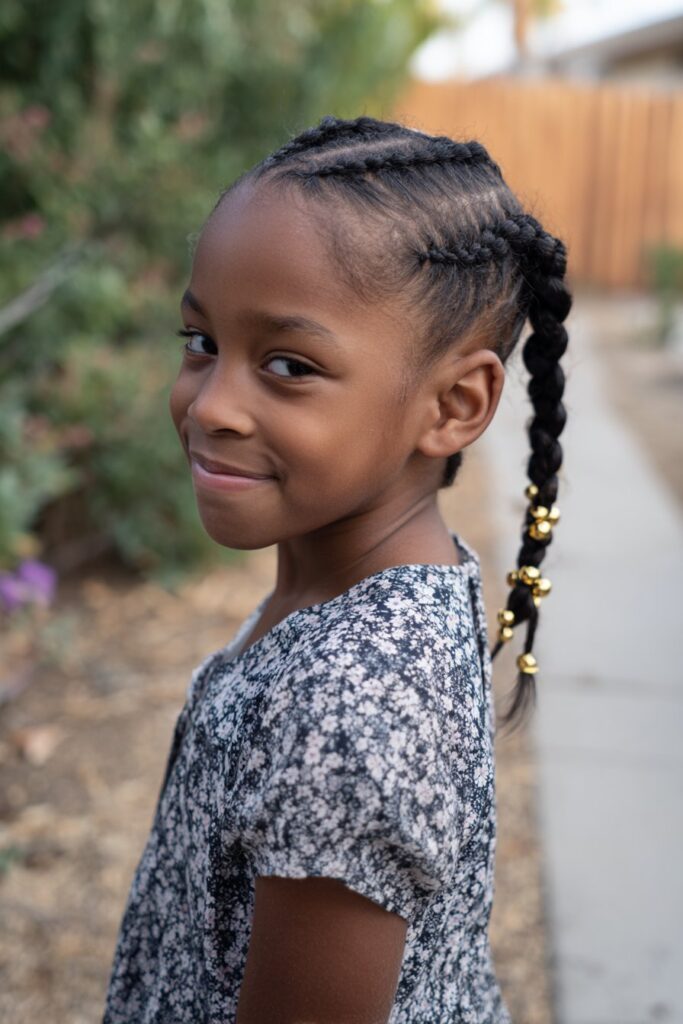 Kid braided ponytail side swept with gold beads