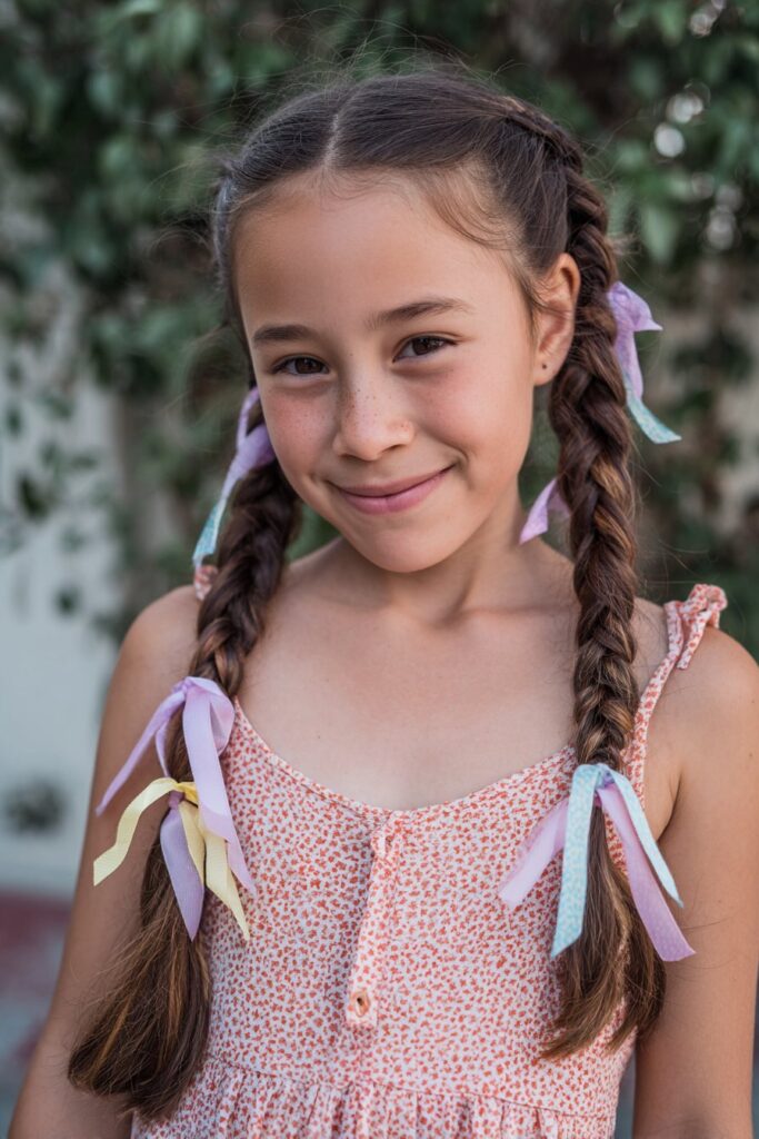 2 braided ponytails for kids ribbons