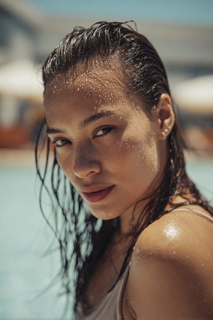 Pool party hairstyles slicked back wet look