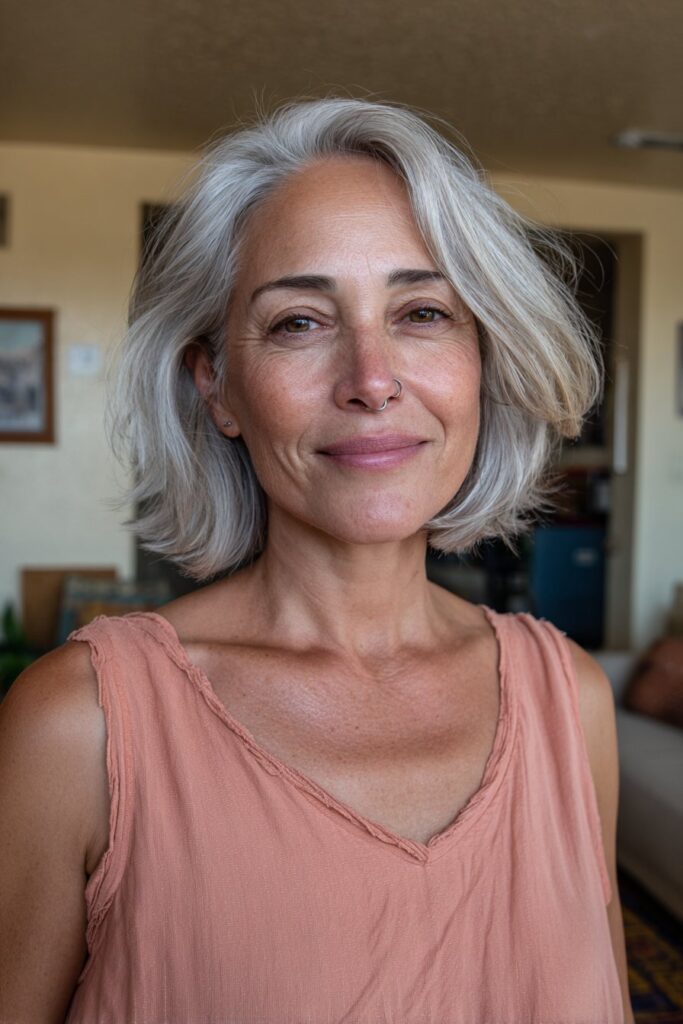Soft layered haircut for women over 50, natural realistic hairstyle portrait.