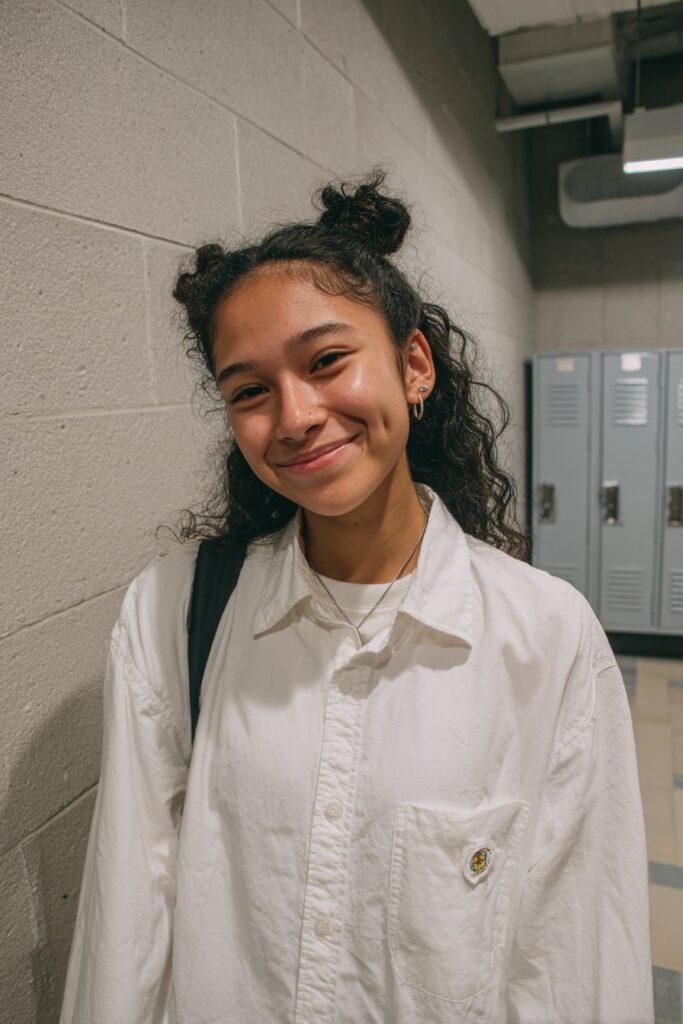 Space buns back to school hairstyle with a fun youthful look
