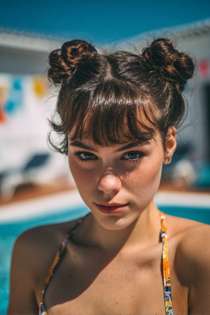 Pool party hairstyles space buns