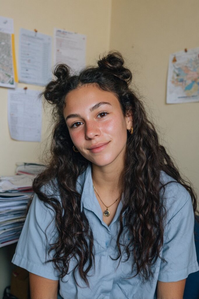 Space buns hairstyle for thick hair with a fun and youthful school style