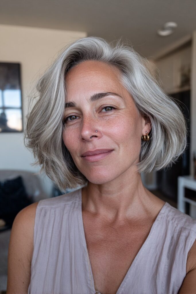 Woman over 50 with thin hair wearing a stacked bob that creates a fuller, lifted silhouette.