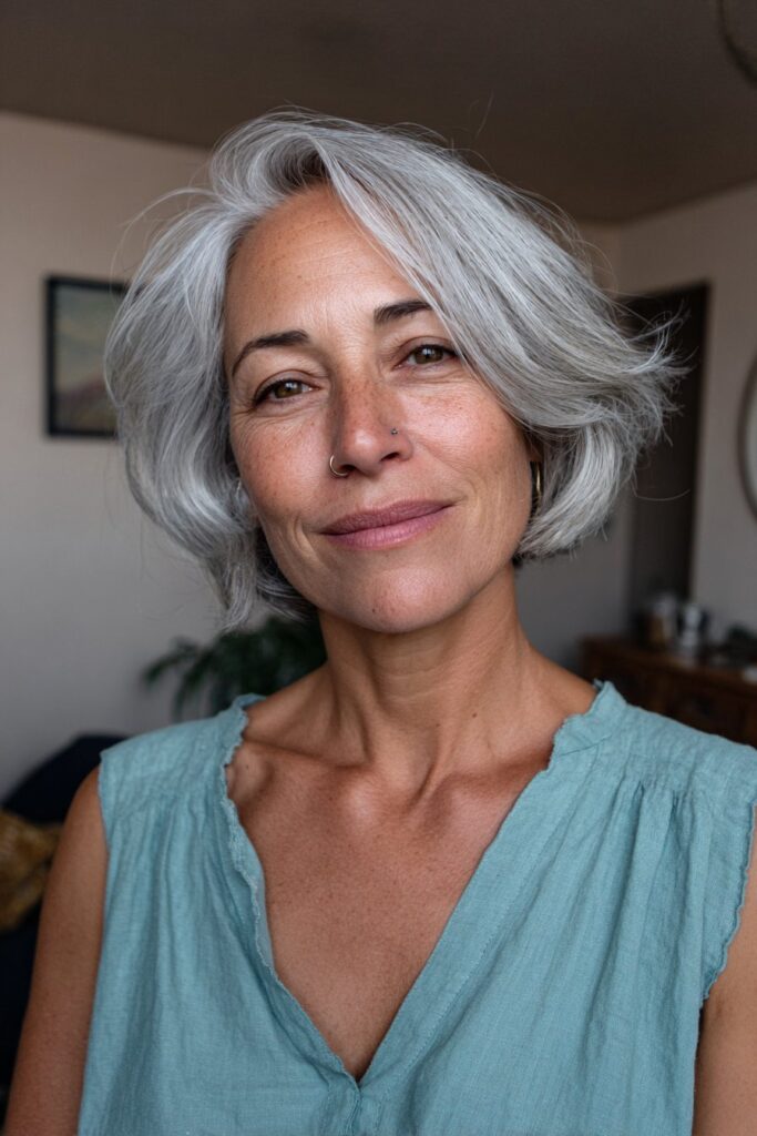 Voluminous stacked bob hairstyle for women over 50, realistic beauty portrait.