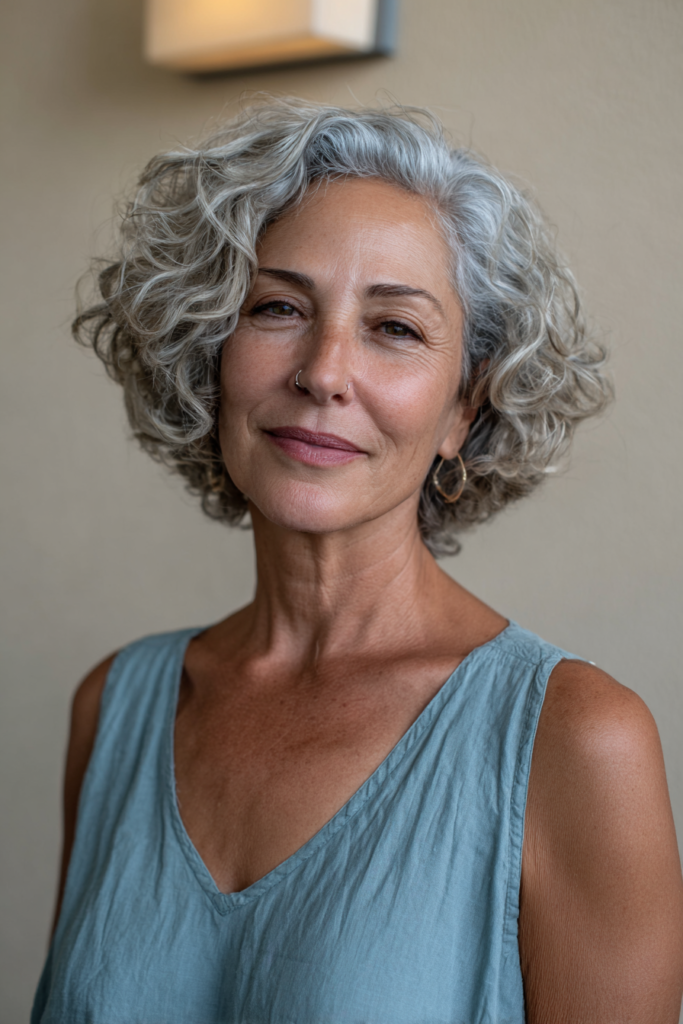 Older woman with stacked curly bob.