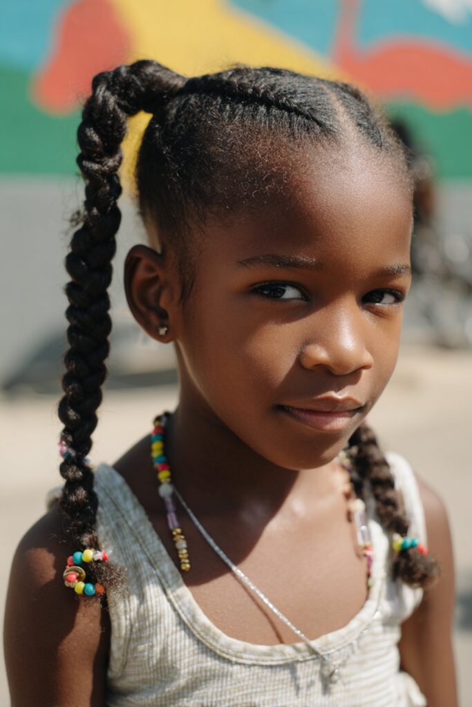 Kid braided ponytail stitch braids beads