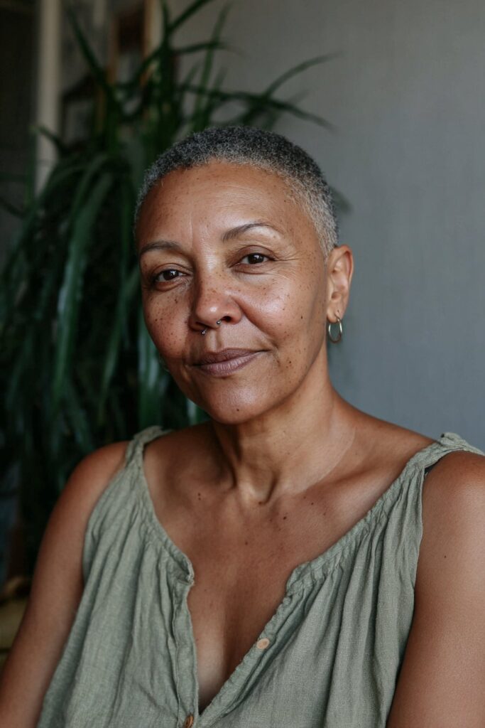 Teeny weeny afro haircut for Black women over 50 with natural texture and easy styling