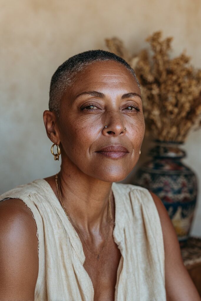 Tapered natural haircut for Black women over 50 with volume on top and clean sides