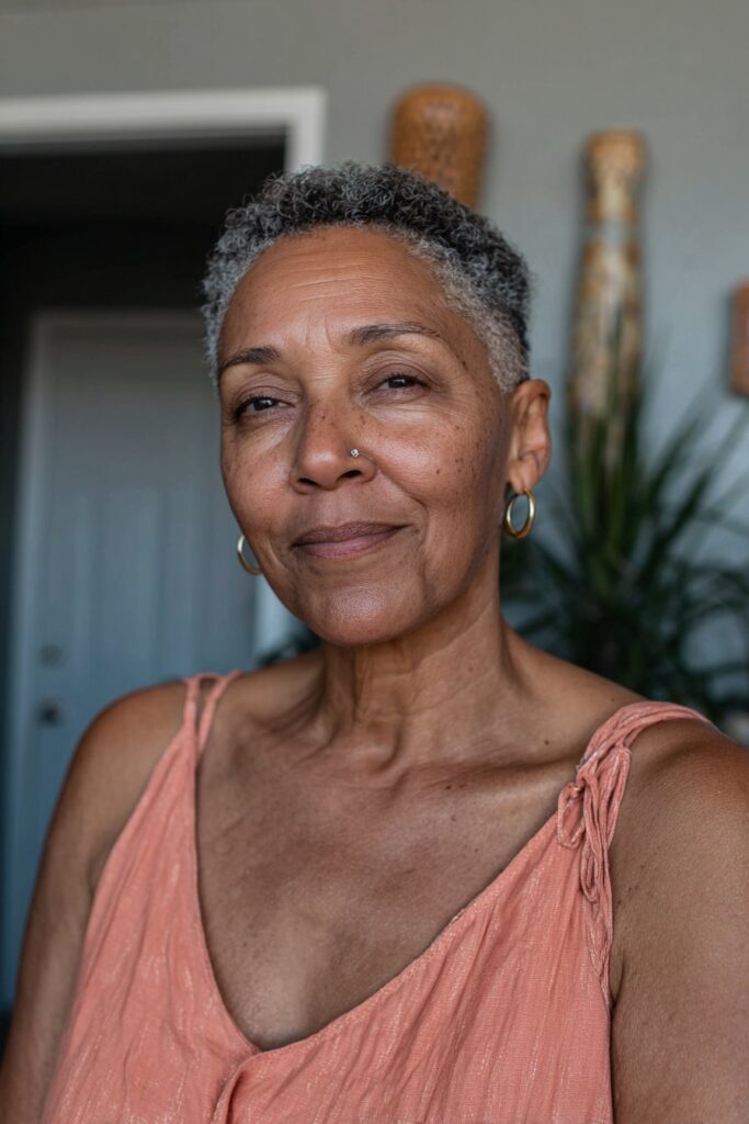 Older woman with tapered curly haircut.