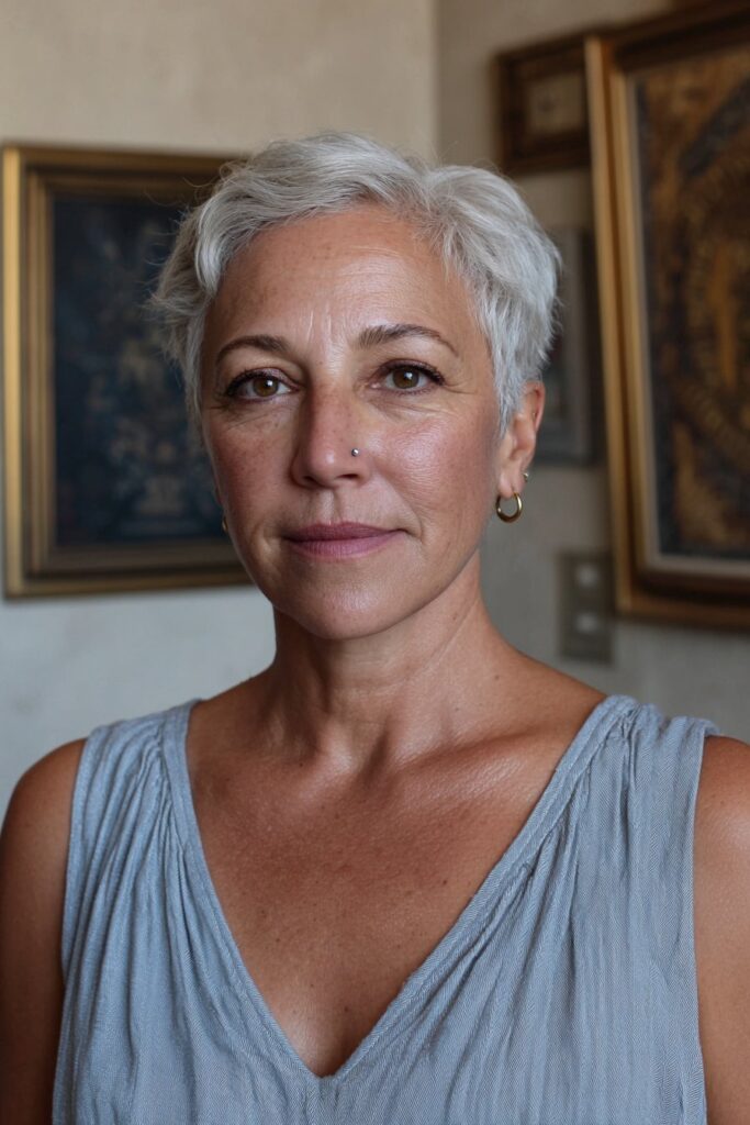12 Choppy Hairstyles for Older Women (Effortlessly Youthful) 8 Older woman wearing tapered pixie haircut