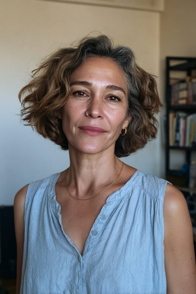 Realistic textured bob hairstyle for stylish women over 50 portrait.