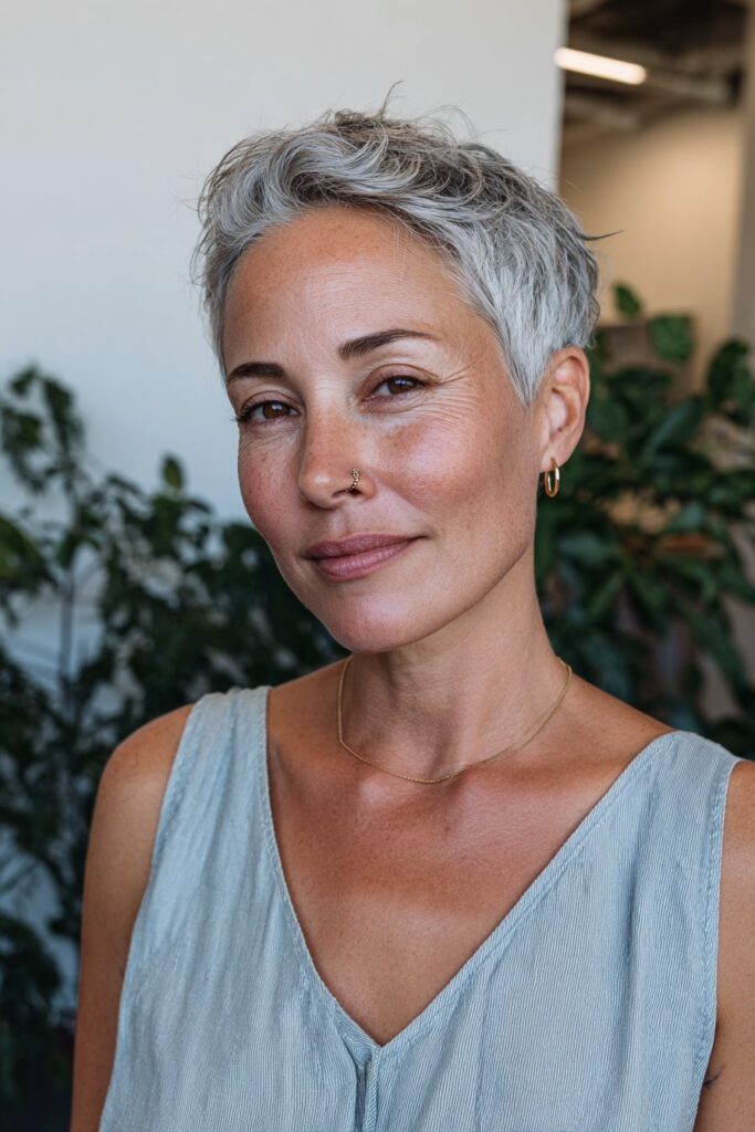 Textured pixie haircut for stylish women over 50, realistic beauty portrait.
