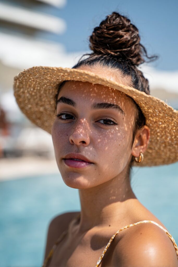 Pool party hairstyles top knot with hat