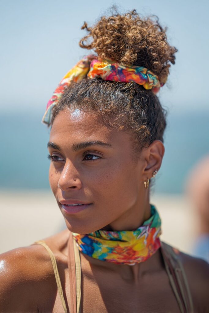 Lake hairstyles top knot with scarf