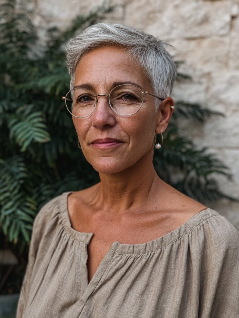 Asymmetrical choppy pixie with glasses over 50