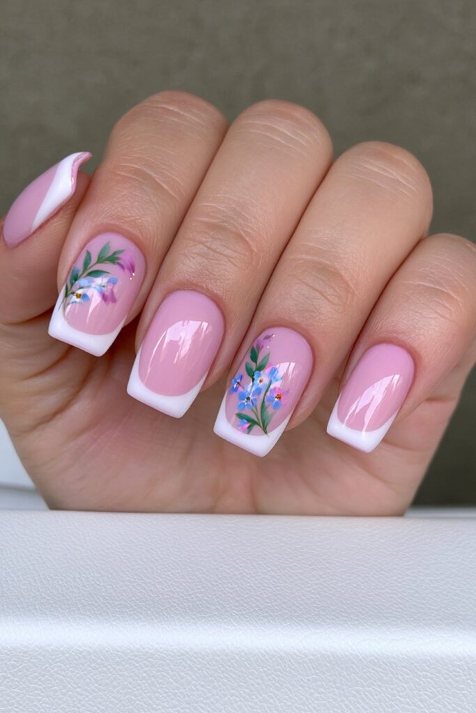 Botanical hand-painted short nails