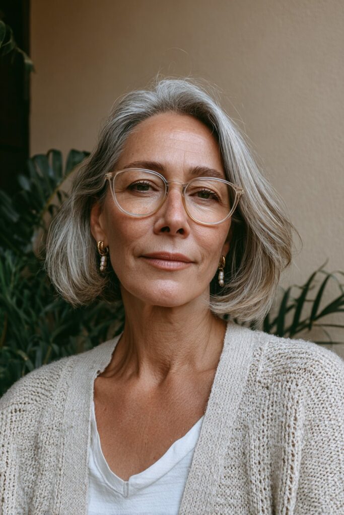 25 Short Hairstyles for Women Over 50 With Glasses 5 Chin-length bob with glasses over 50