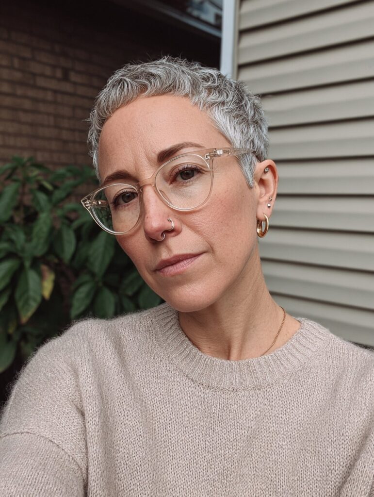 Choppy crown pixie with glasses over 50