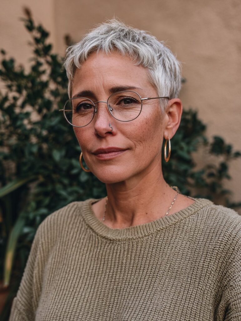 Choppy layered pixie with glasses over 50