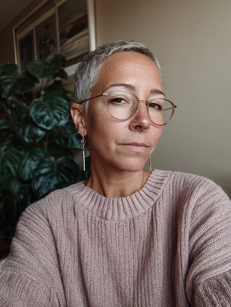 Choppy pixie with bangs and glasses