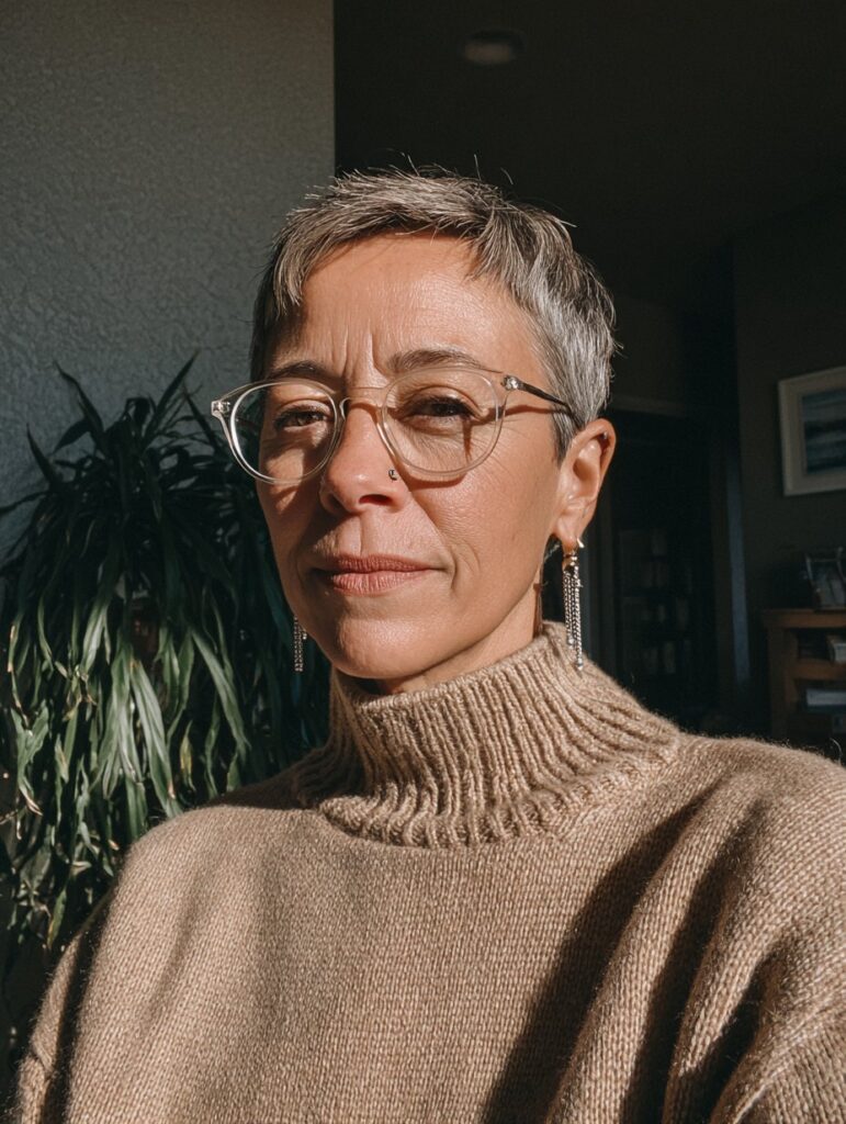 Side-swept choppy pixie with glasses