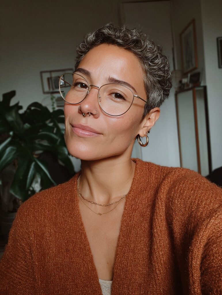 Choppy shaggy pixie with glasses over 50