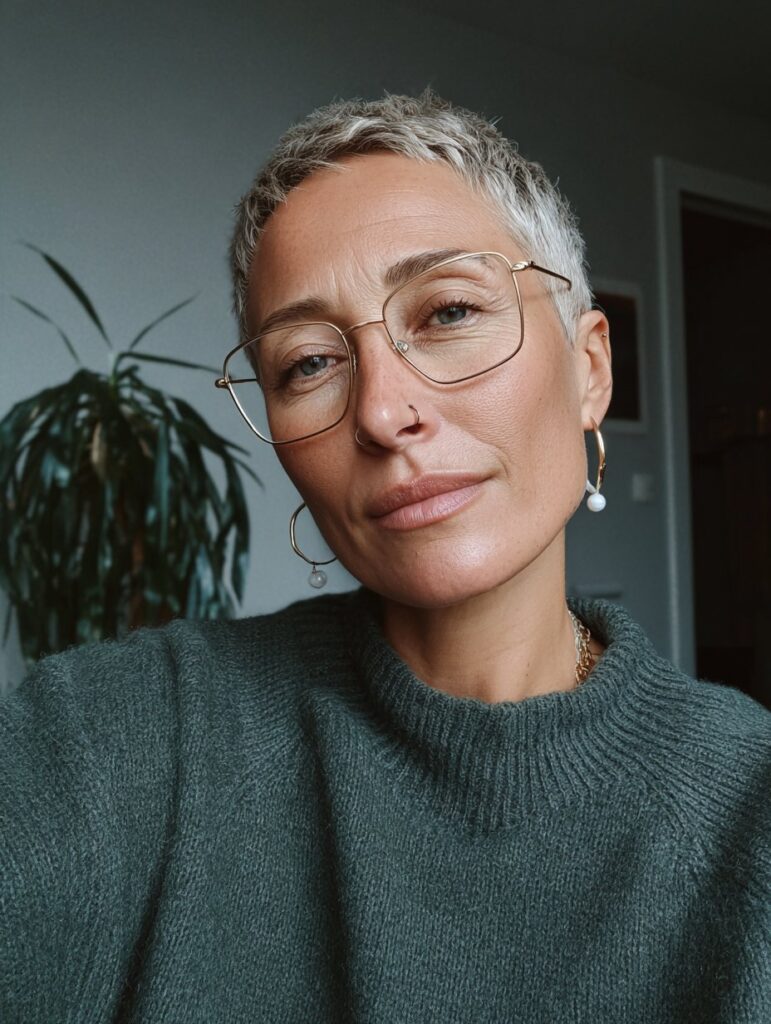 Choppy tapered pixie with glasses over 50