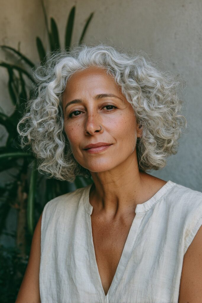 Grey curly bob for women over 50