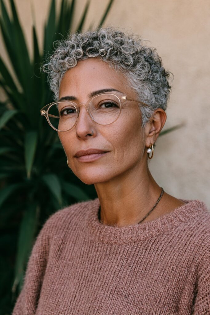 25 Short Hairstyles for Women Over 50 With Glasses 19 Curly pixie with cat-eye glasses