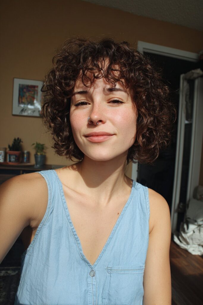 Curly wolf cut with bangs