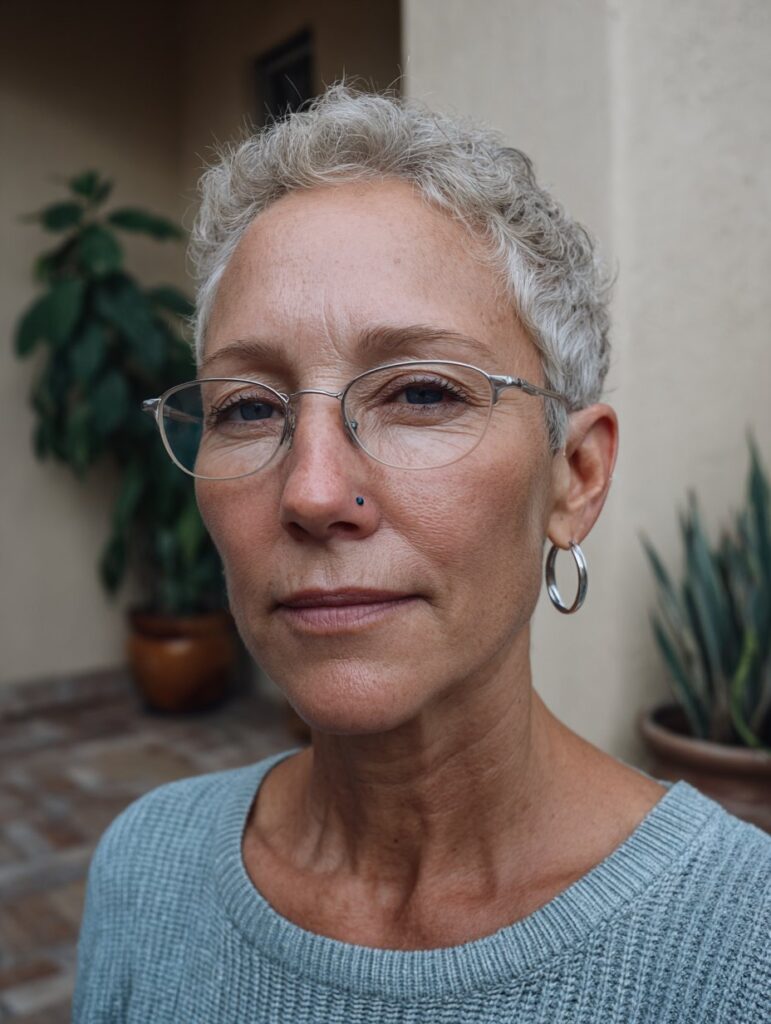Feathered choppy pixie with glasses over 50