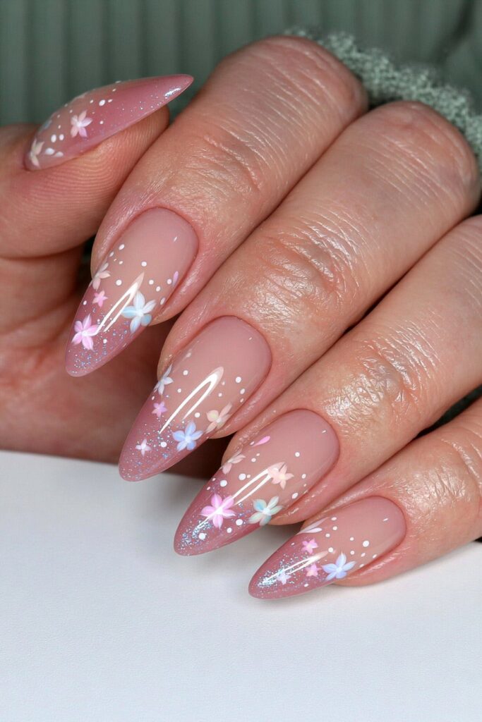 Fine-line floral jelly nails
