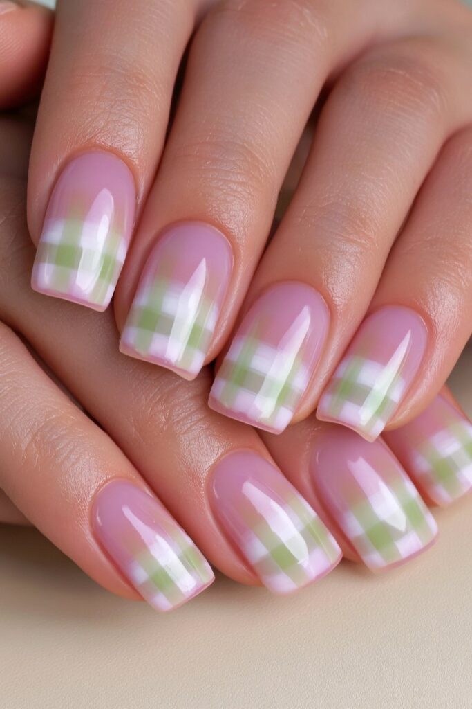 Green gingham nail design