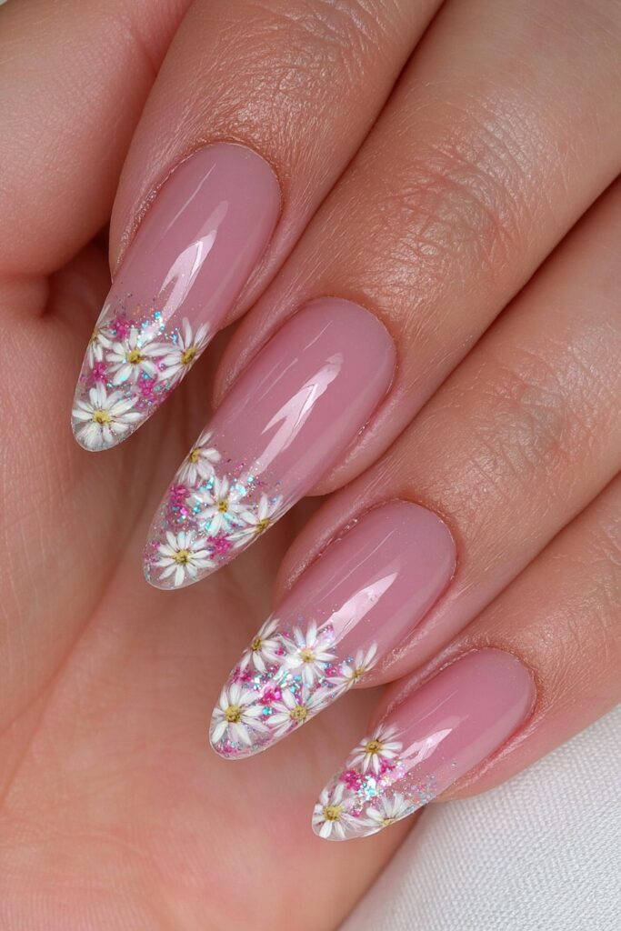 Hand-painted daisy almond nails